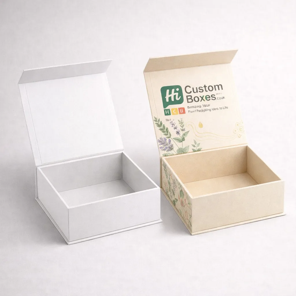 Two premium white reed diffuser boxes, one plain and one featuring elegant blue floral branding. class=